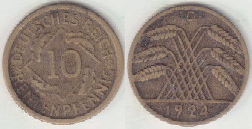 1924 G Germany 10 Rentenpfennig A000463